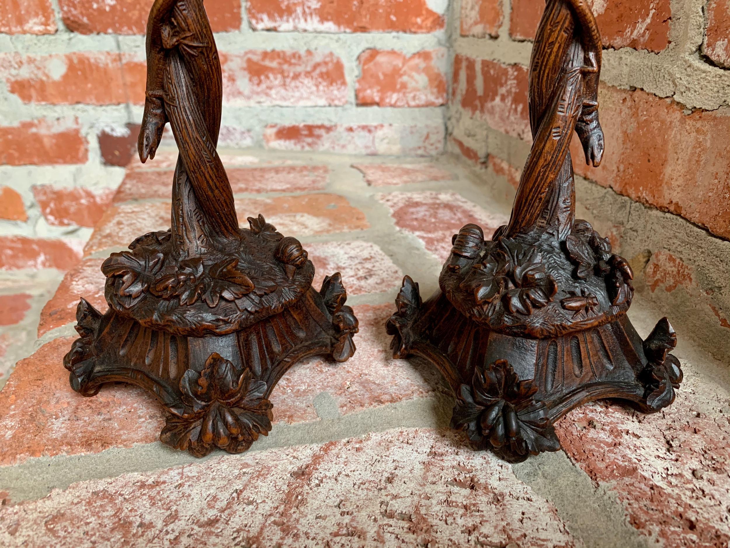 Hand-Carved Antique Black Forest Carved Wood Candlesticks Candleholder Lizard Insects, Pair