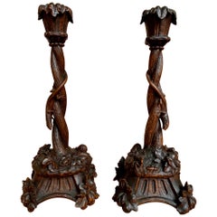 Antique Black Forest Carved Wood Candlesticks Candleholder Lizard Insects, Pair