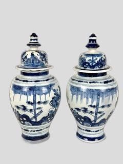 Pair Antique Blue and White Delft Ginger Jars Hand Painted Netherlands C. 1790