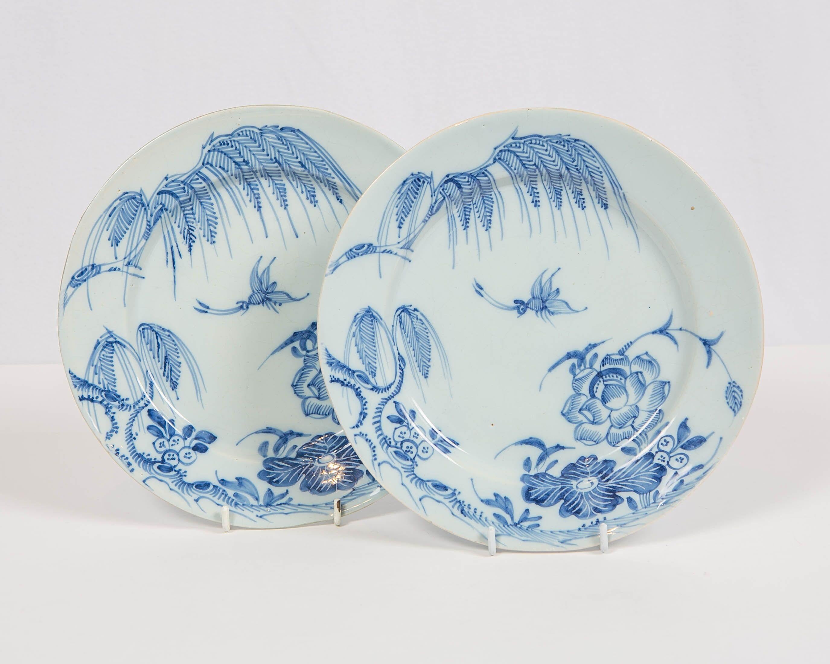 Hand-Painted  Pair Blue and White Delft Plates 18th Century, Made circa 1750