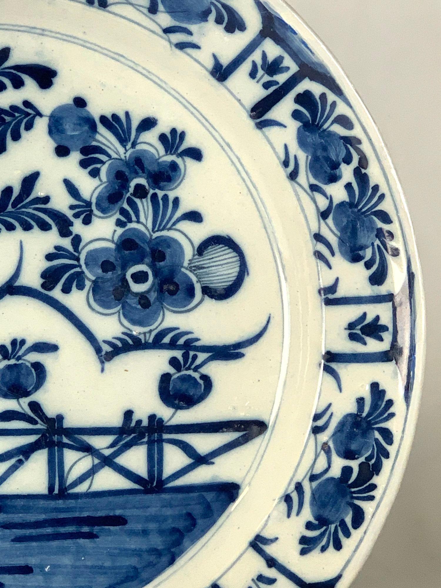 Pair Antique Blue and White Dutch Delft Chargers 18th Century Hand-Painted 6