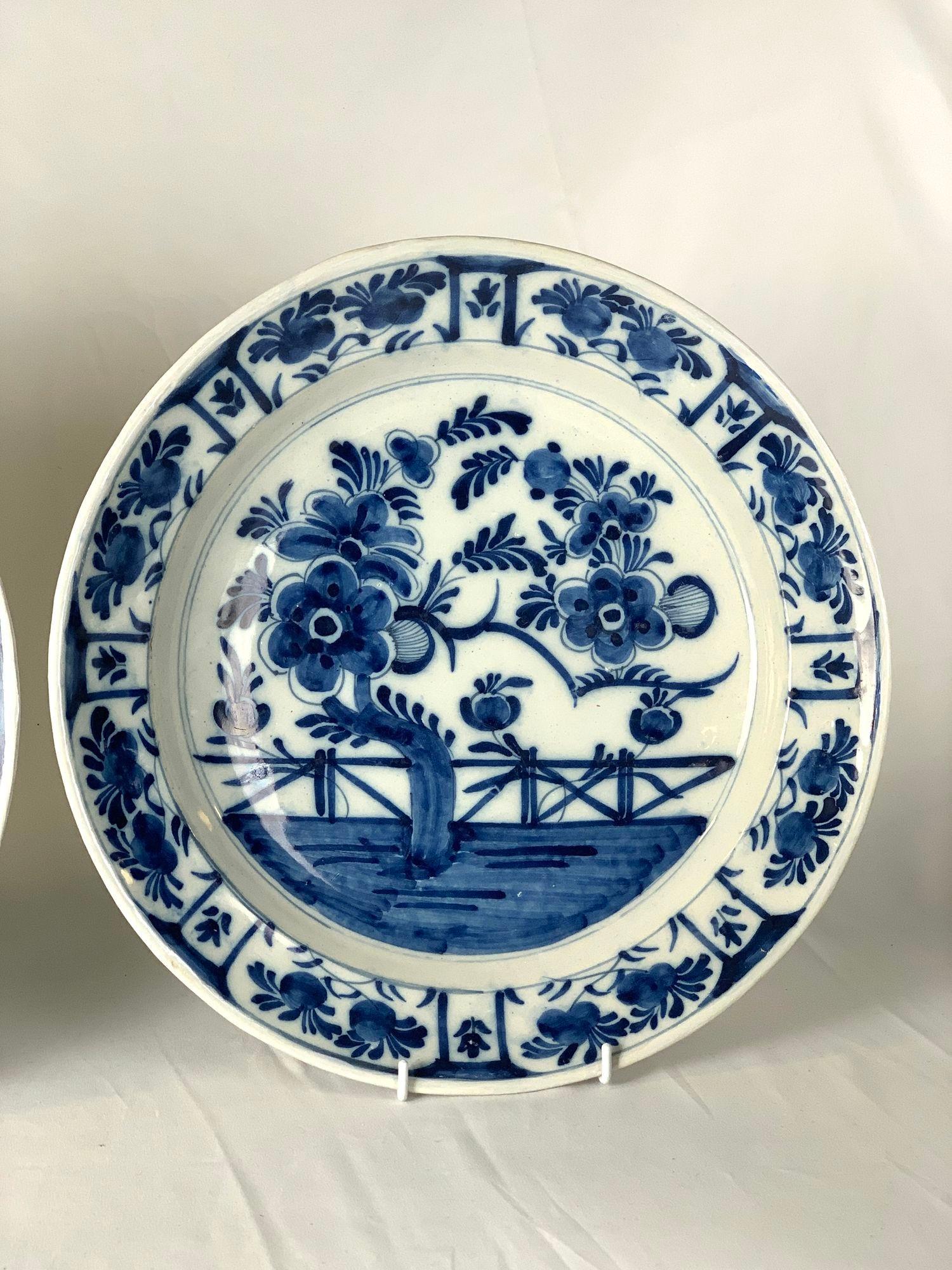 Pair Antique Blue and White Dutch Delft Chargers 18th Century Hand-Painted In Excellent Condition In Katonah, NY