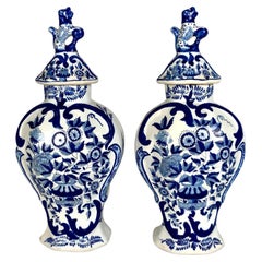 Pair Antique Blue and White Dutch Delft Jars Netherlands Circa 1860