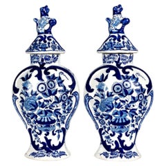 Pair Antique Blue and White Dutch Delft Jars Netherlands Circa 1860