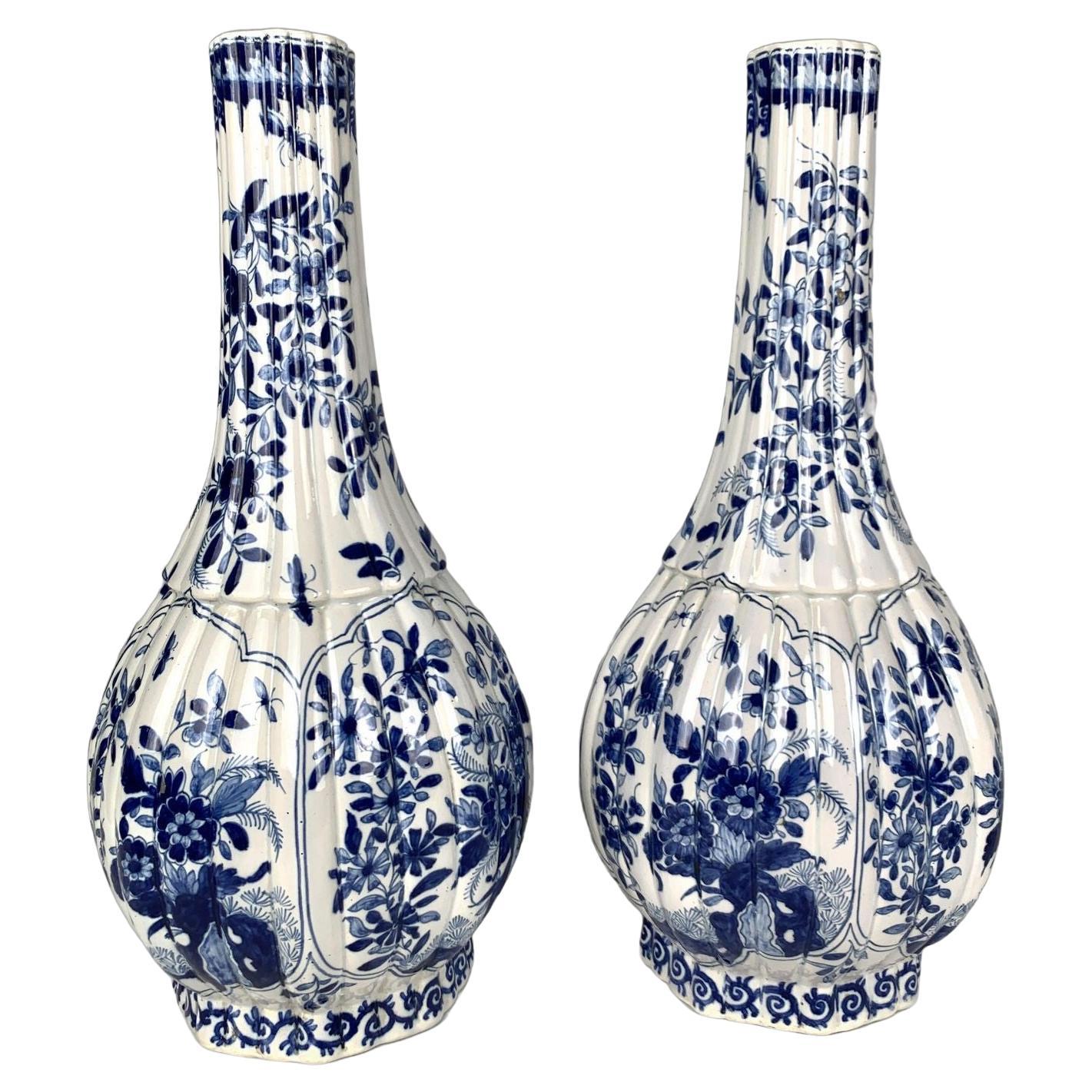 Pair Antique Blue and White Dutch Delft Vases