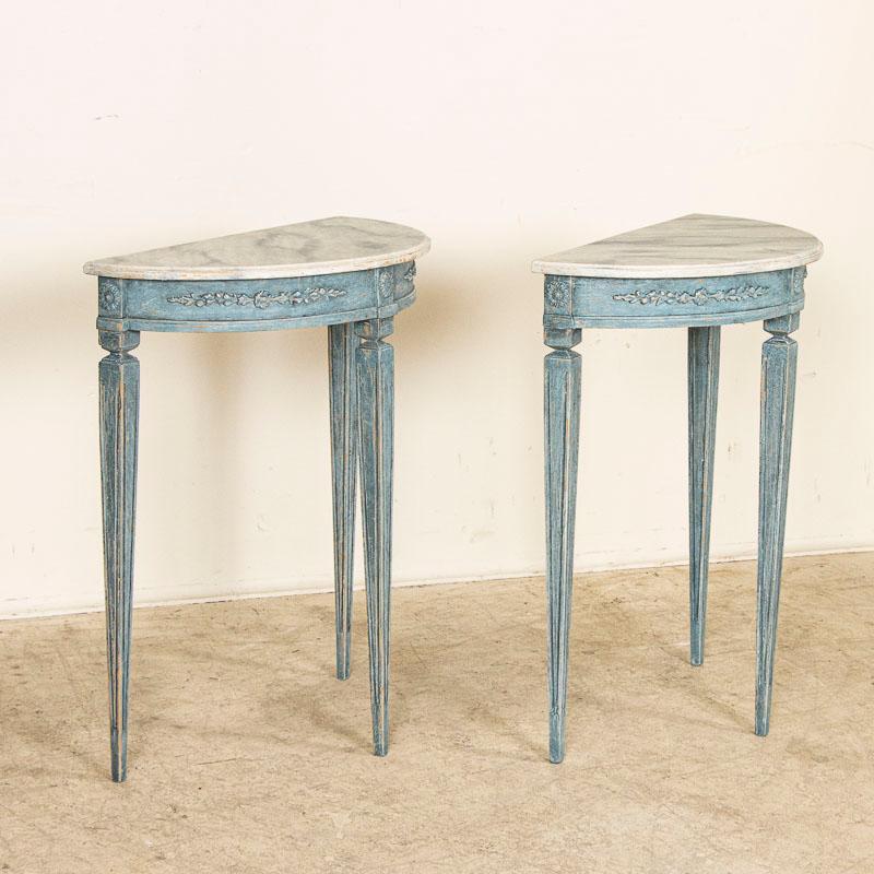 Swedish Pair, Antique Blue Painted Small Demi Lune Tables from Sweden