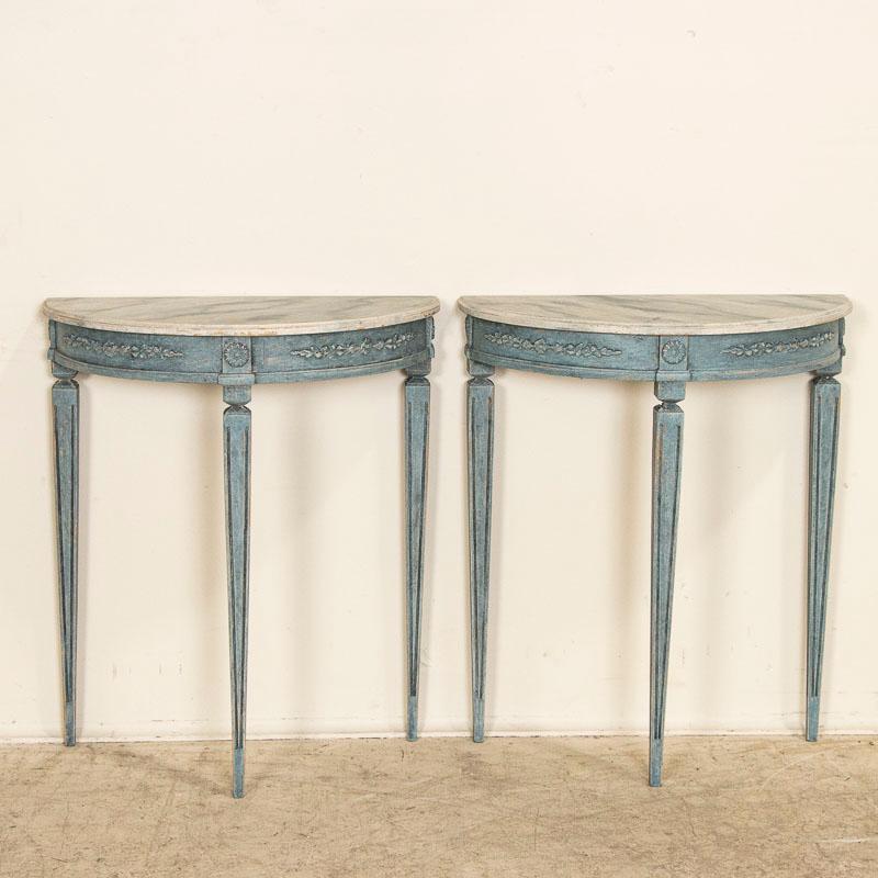 Pair, Antique Blue Painted Small Demi Lune Tables from Sweden In Good Condition In Round Top, TX