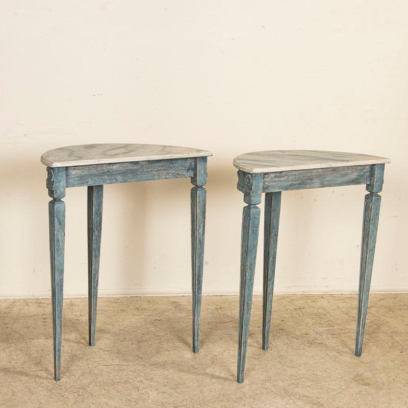 Contemporary Pair, Antique Blue Painted Small Demi Lune Tables from Sweden