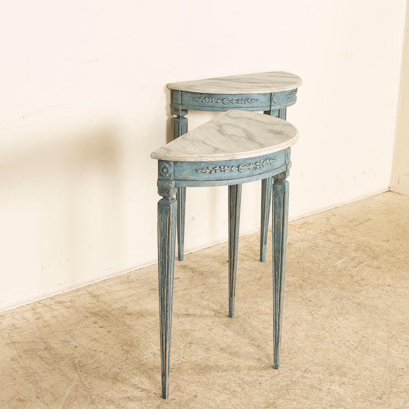 Wood Pair, Antique Blue Painted Small Demi Lune Tables from Sweden