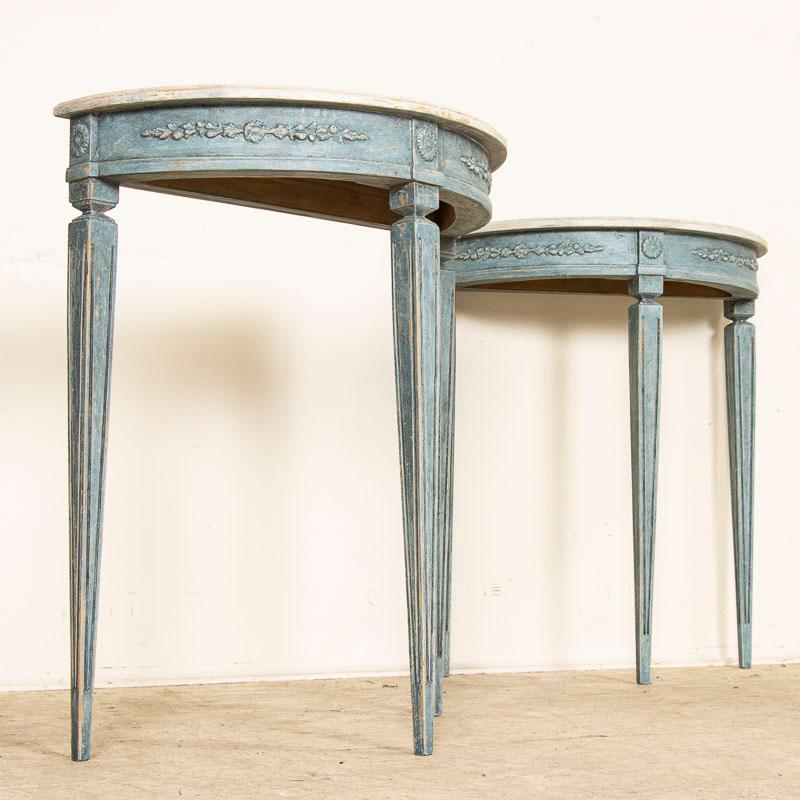 Pair, Antique Blue Painted Small Demi Lune Tables from Sweden 1