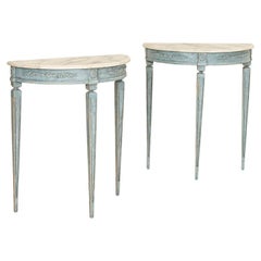 Pair, Antique Blue Painted Small Demi Lune Tables from Sweden