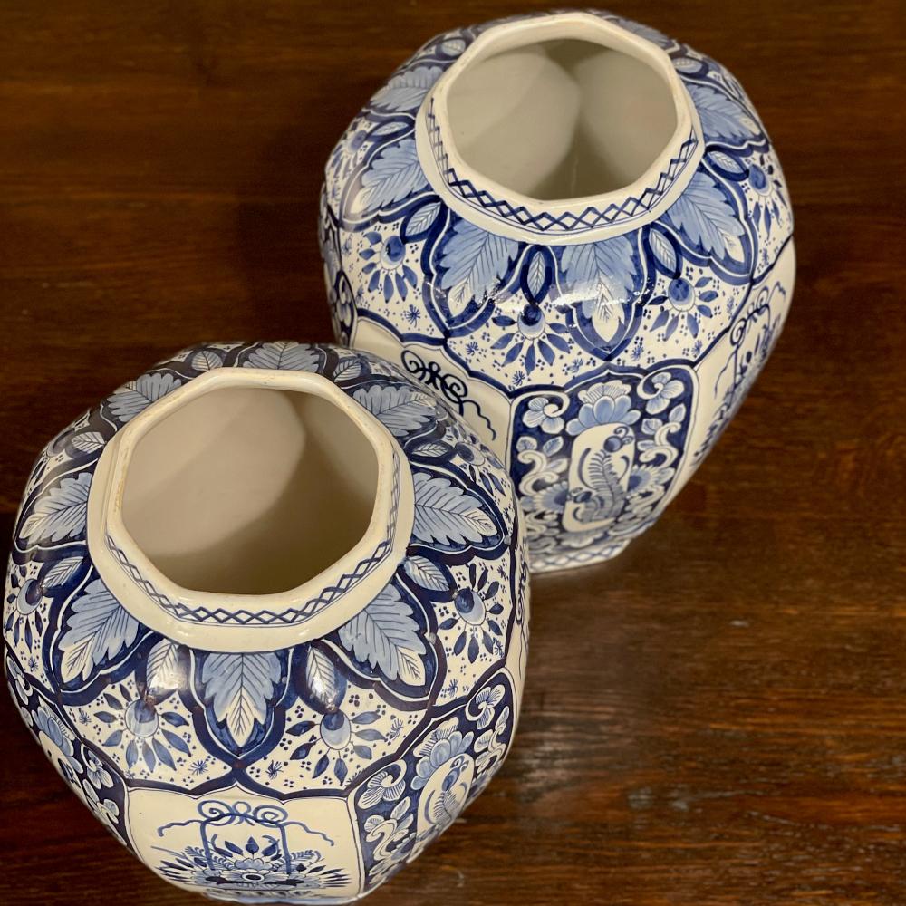 Pair Antique Boch Blue & White Hand-Painted Vases 3