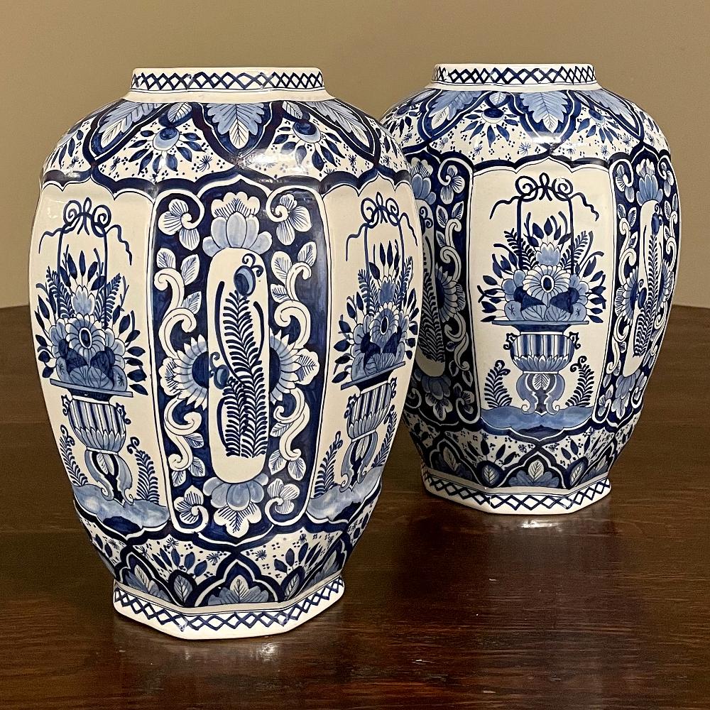 Chinese Export Pair Antique Boch Blue & White Hand-Painted Vases