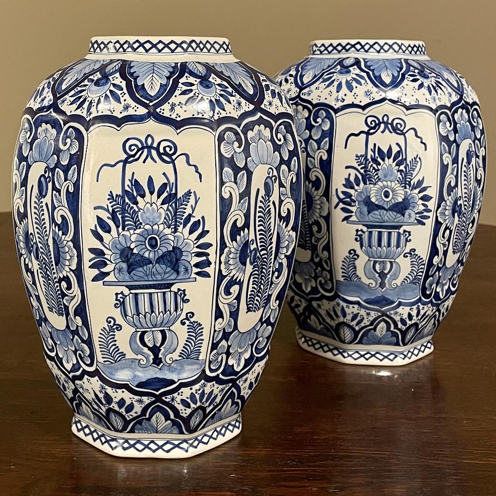 Dutch Pair Antique Boch Blue & White Hand-Painted Vases