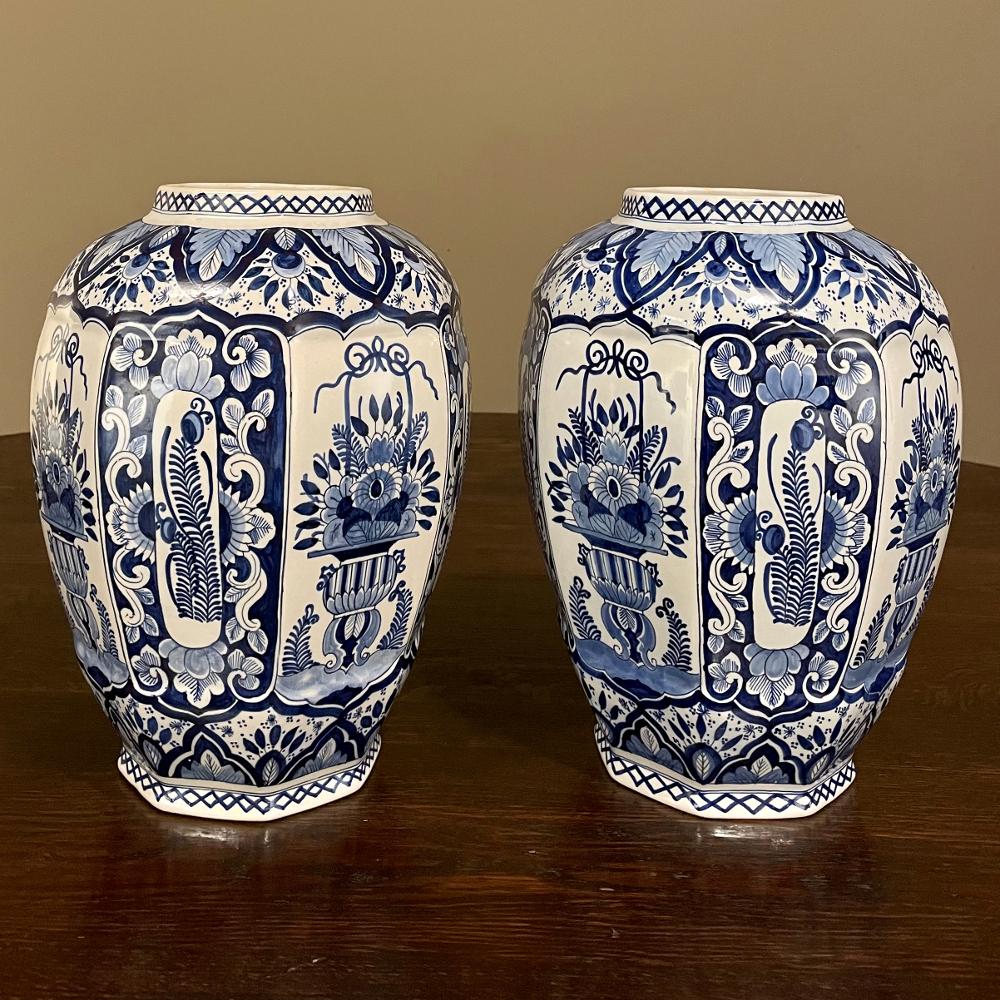Hand-Crafted Pair Antique Boch Blue & White Hand-Painted Vases