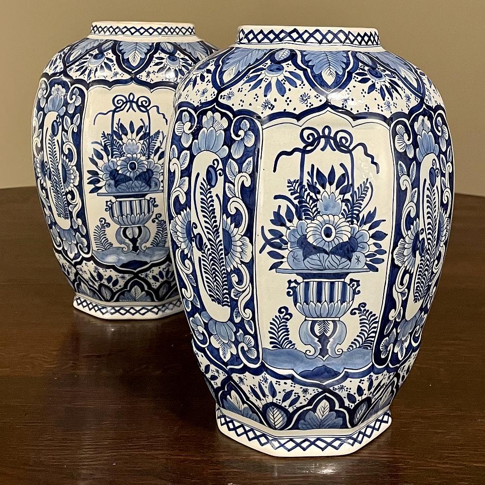 Pair Antique Boch Blue & White Hand-Painted Vases In Good Condition In Dallas, TX