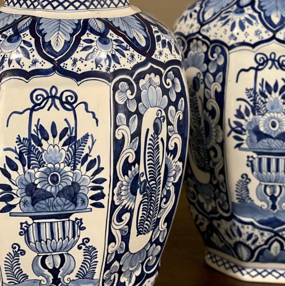 Early 20th Century Pair Antique Boch Blue & White Hand-Painted Vases