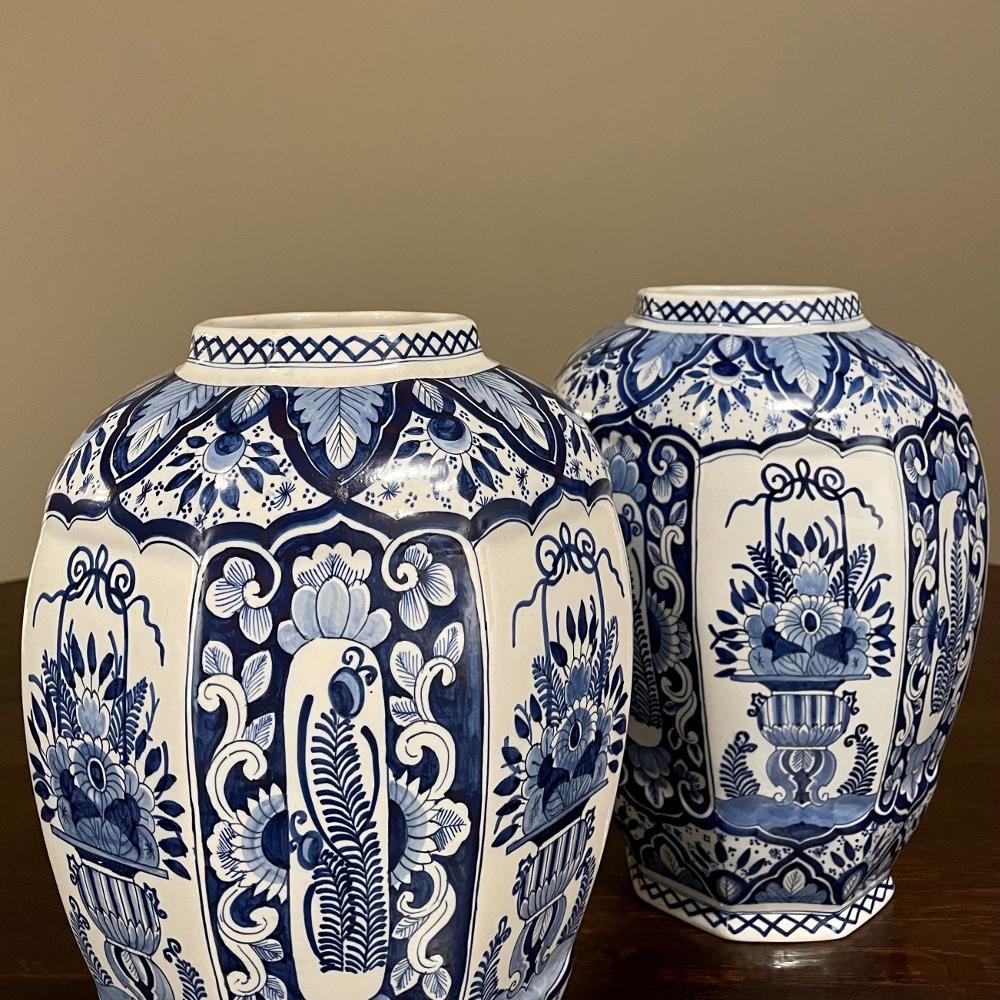 Porcelain Pair Antique Boch Blue & White Hand-Painted Vases