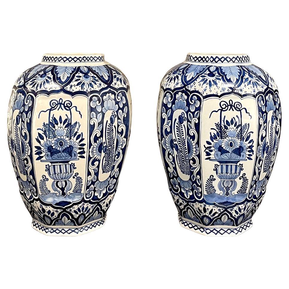 Pair Antique Boch Blue & White Hand-Painted Vases
