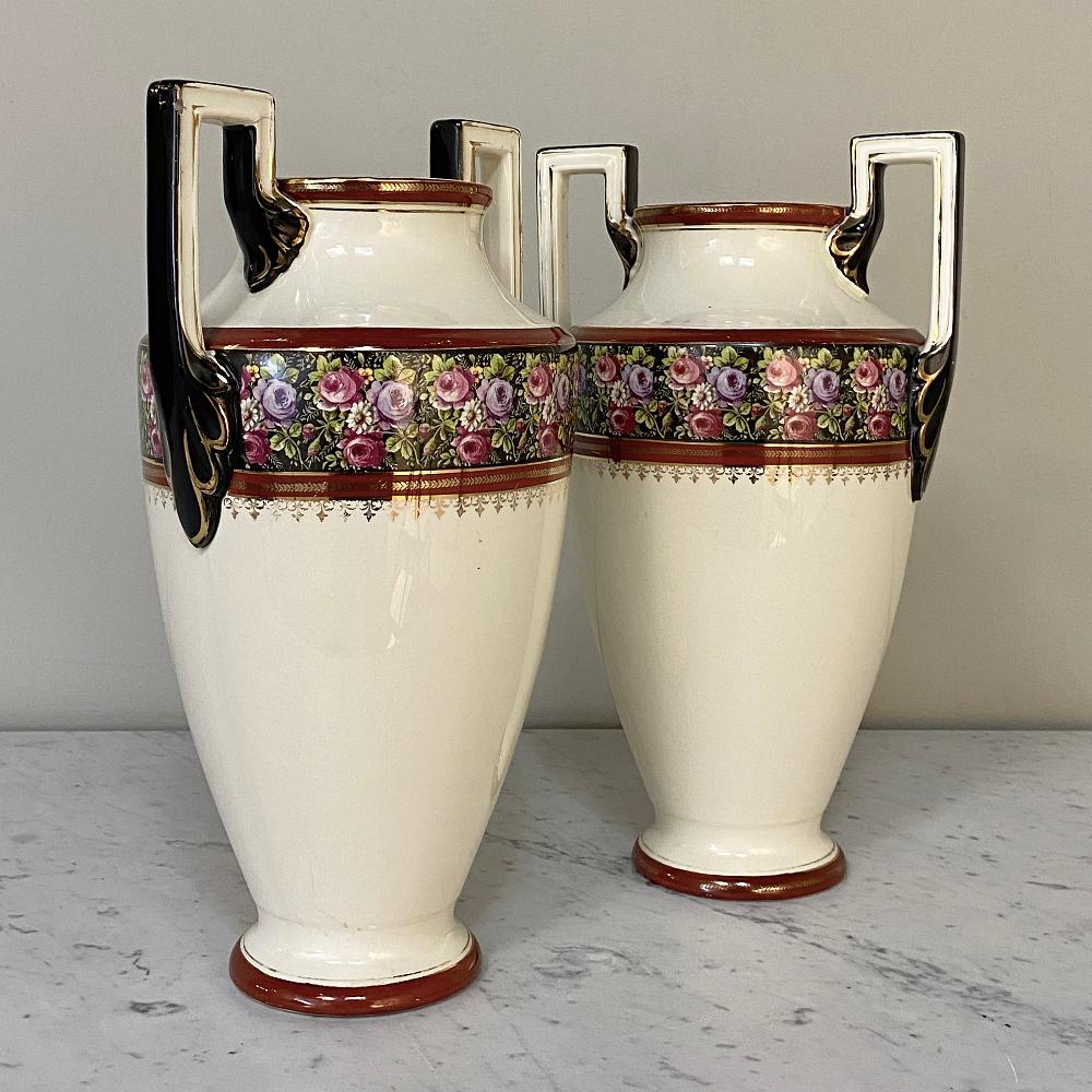 Hand-Painted Pair Antique Boch Vases For Sale