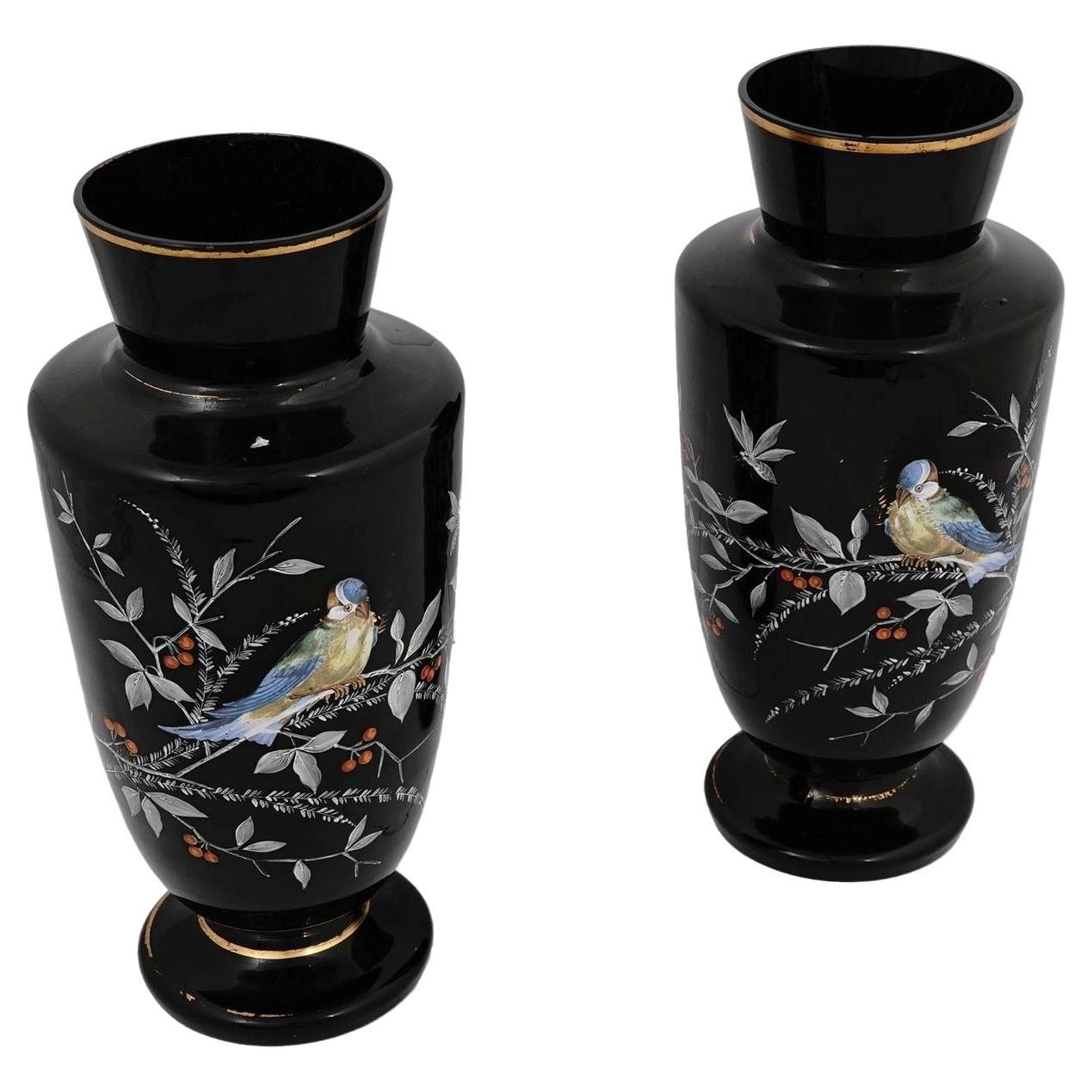 Paire de vases bohèmes anciens en verre améthyste noire avec motifs d'oiseaux en émail