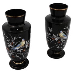 Pair Antique Bohemian Black Amethyst Glass Vases with Enamel Bird Designs