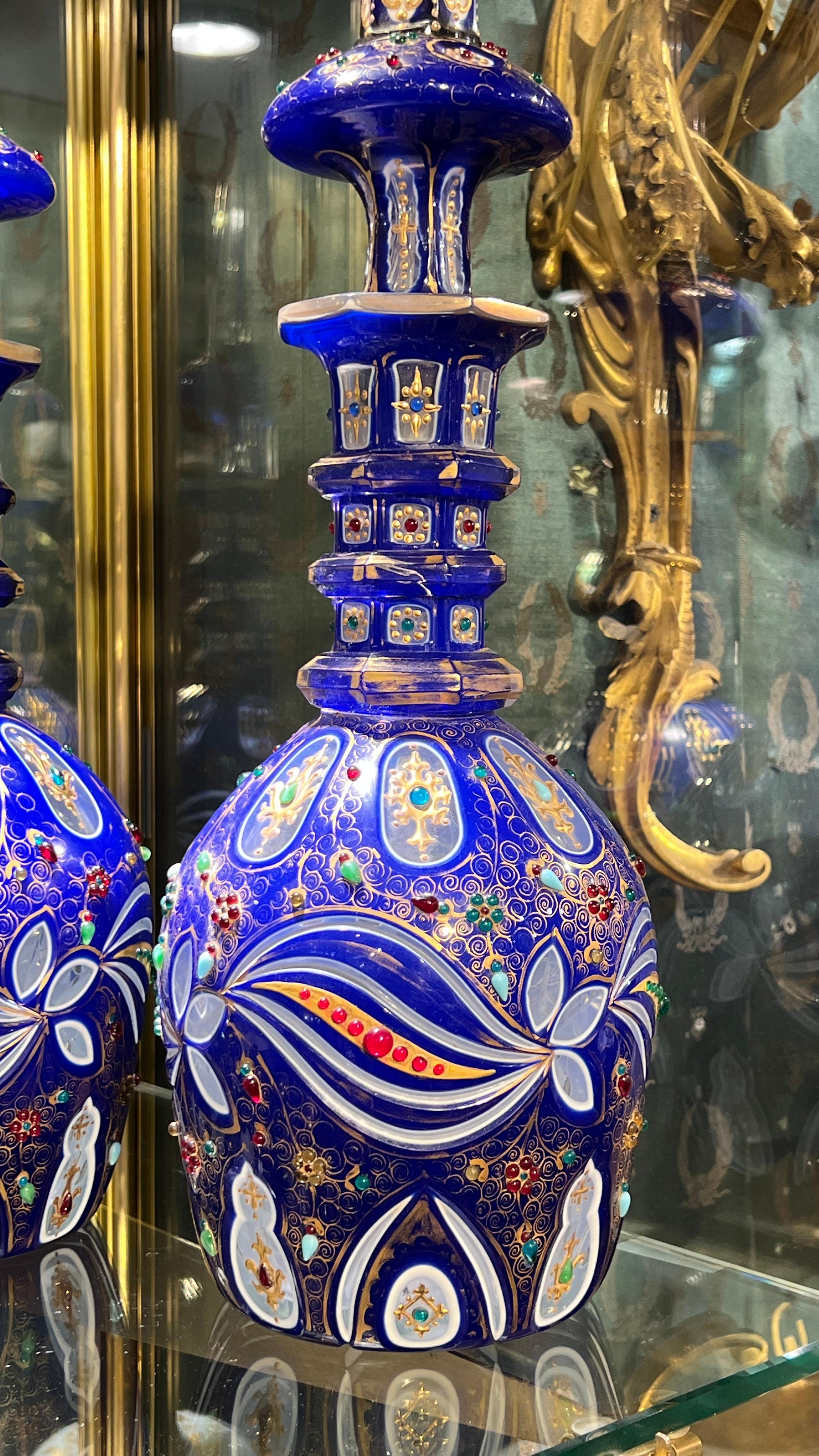 Pair Antique Bohemian Cased Glass Decanters Made for Middle Eastern Market In Good Condition In New York, NY