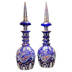 Pair Antique Bohemian Cased Glass Decanters Made for Middle Eastern Market