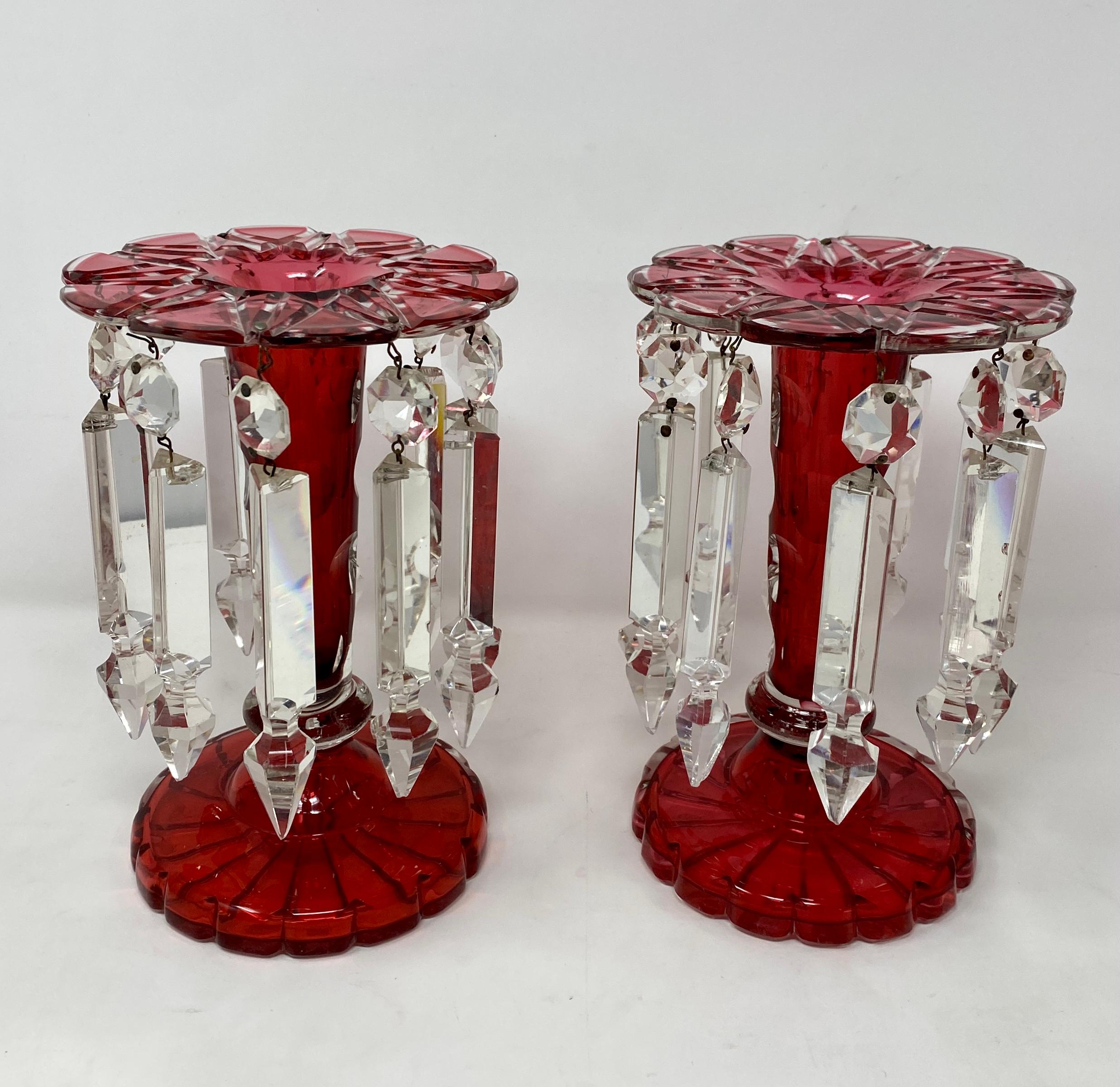 Pair Antique Bohemian cranberry cut to clear glass candle lusters with crystal drops, circa 1870.