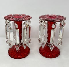 Pair Antique Bohemian Cranberry Cut to Clear Glass Candle Lusters, Circa 1870