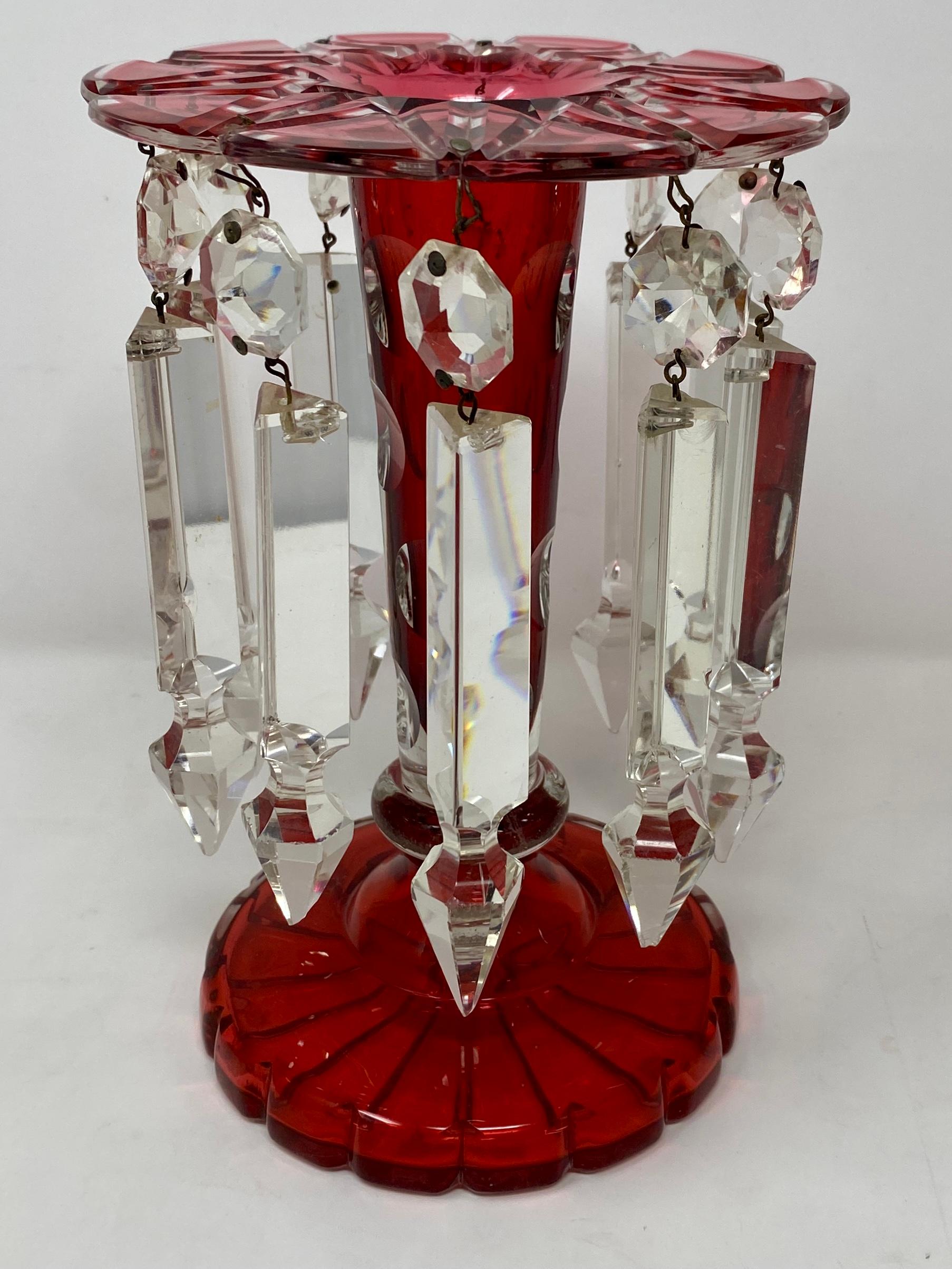 Czech Pair Antique Bohemian Cranberry Cut to Clear Glass Candle Lusters, Circa 1870 For Sale