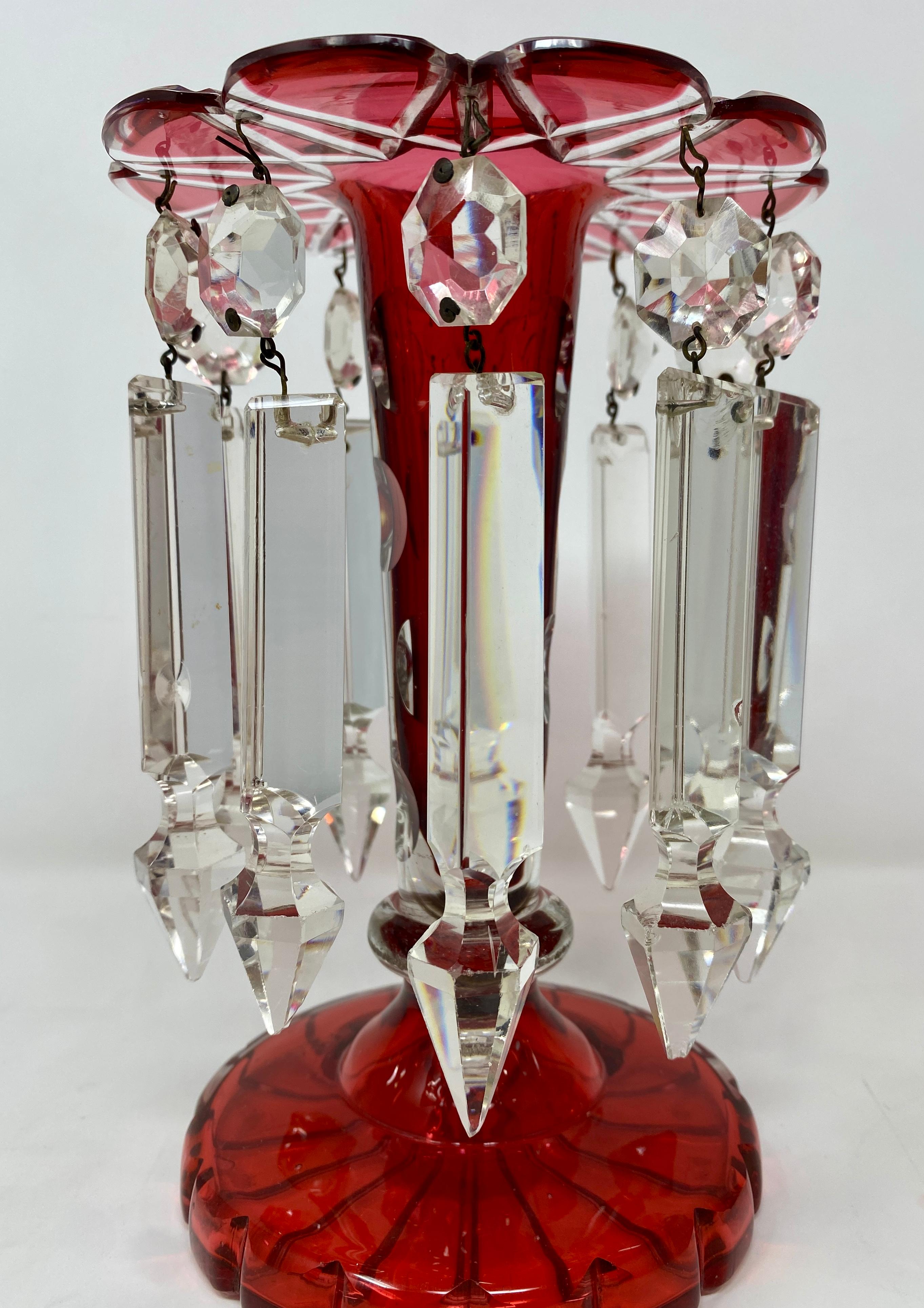 Pair Antique Bohemian Cranberry Cut to Clear Glass Candle Lusters, Circa 1870 In Good Condition For Sale In New Orleans, LA