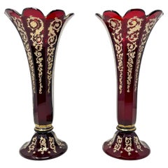 Pair Antique Bohemian Cranberry Glass Vases with Gold, Circa 1875-1895.