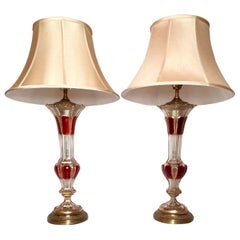 Pair Antique Bohemian Crystal Glass Lamps, Ruby w/ Gold Detail, Circa 1890-1910