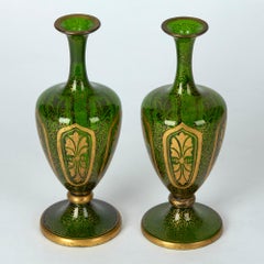 Pair of Antique Bohemian Gilded Green Glass Vases, 19th Century