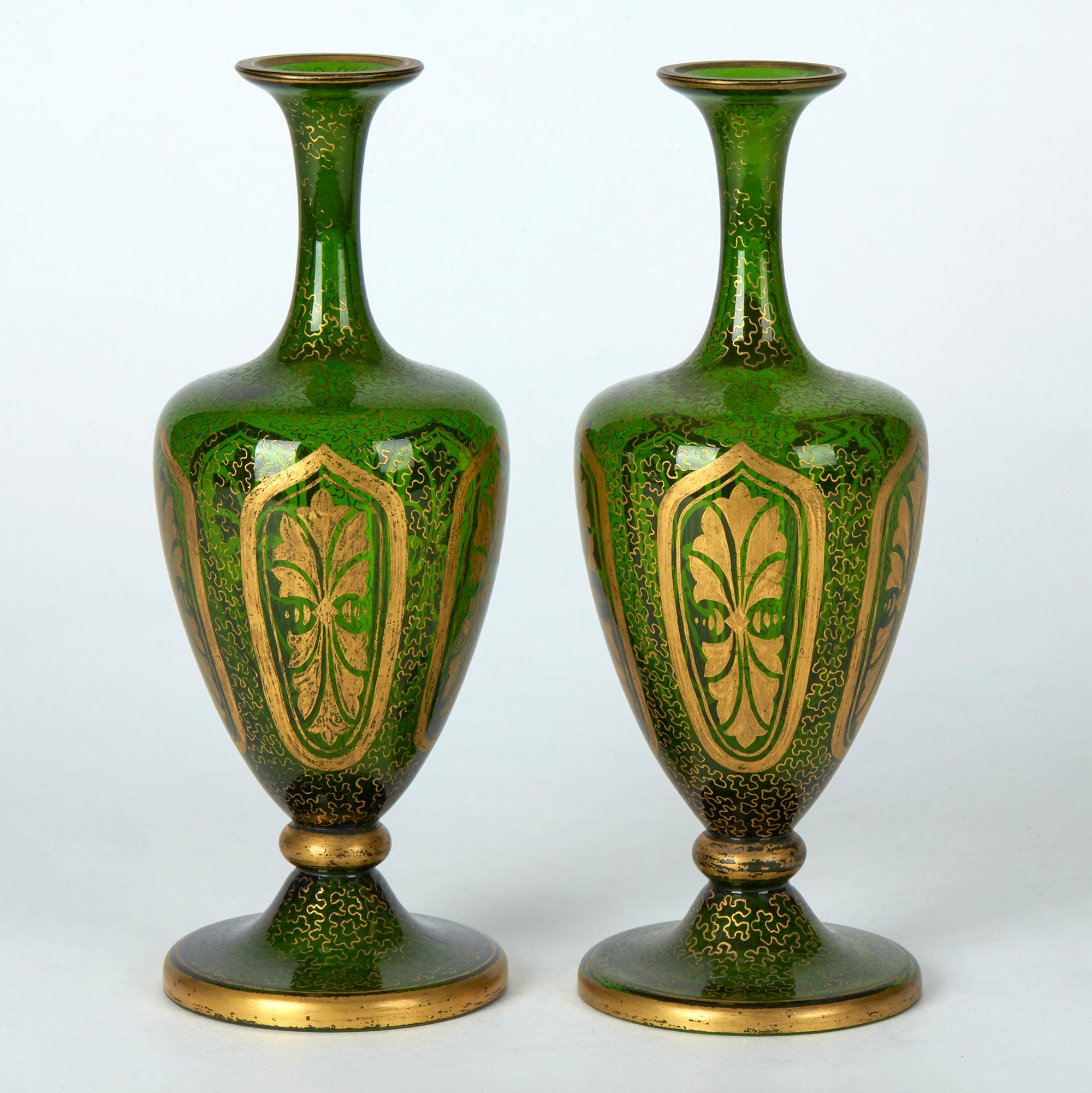 Czech Pair of Antique Bohemian Gilded Green Glass Vases, 19th Century