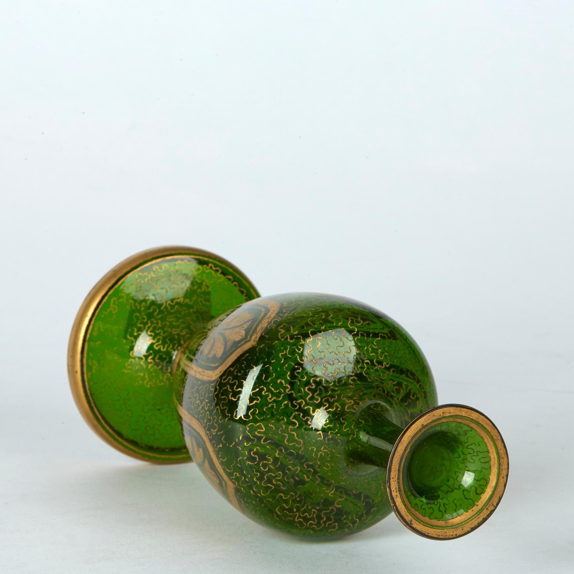 Other Pair of Antique Bohemian Gilded Green Glass Vases, 19th Century