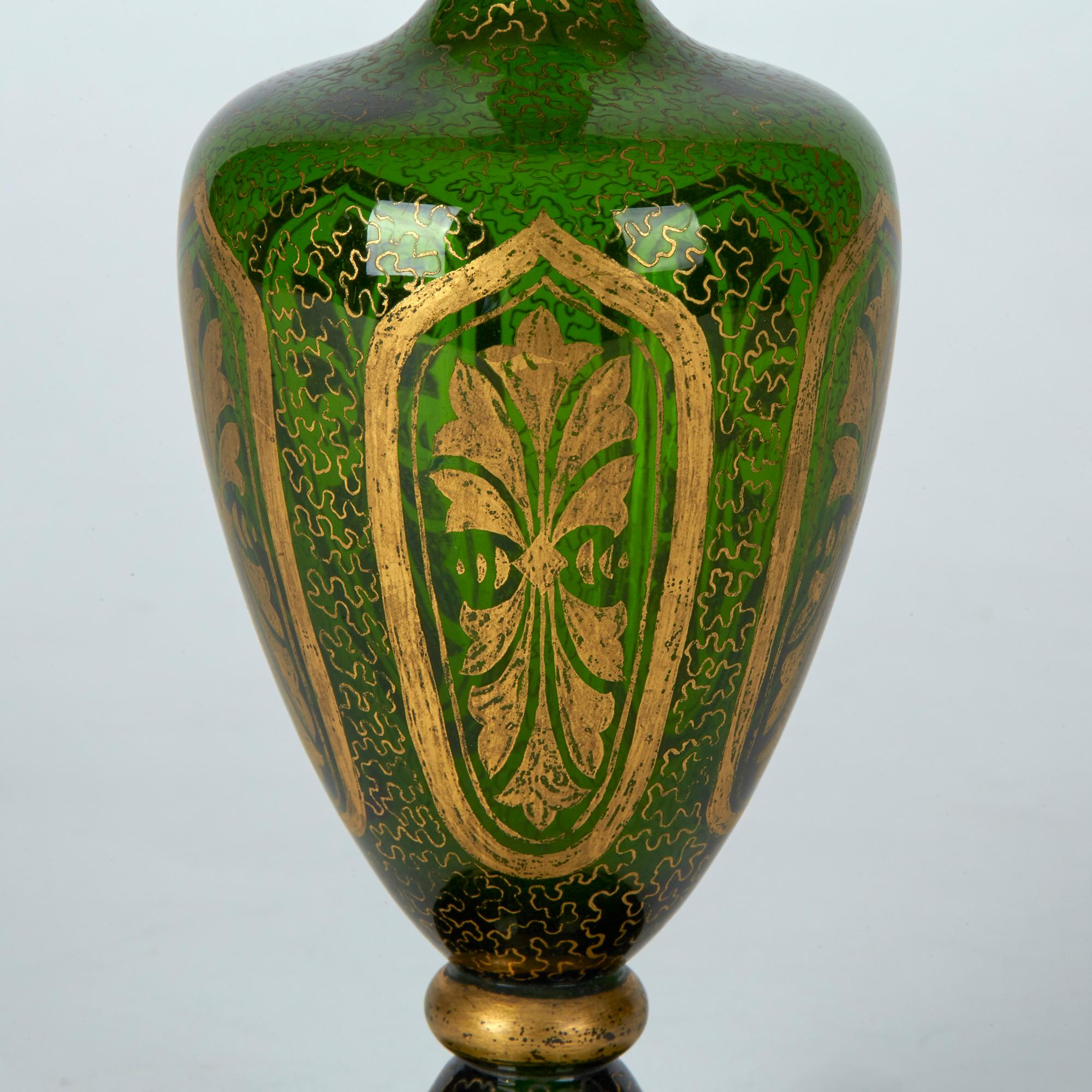 Pair of Antique Bohemian Gilded Green Glass Vases, 19th Century 1