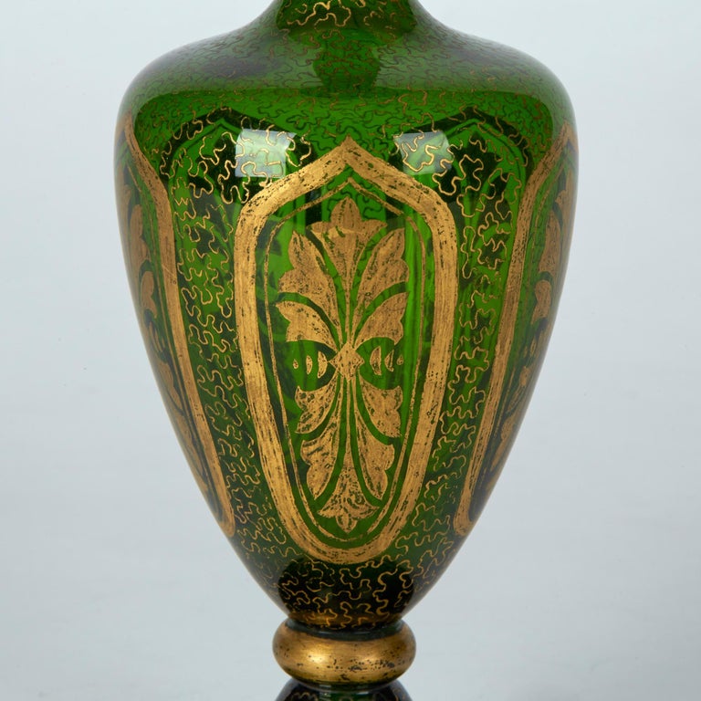 Pair of Antique Bohemian Gilded Green Glass Vases, 19th Century at 1stDibs