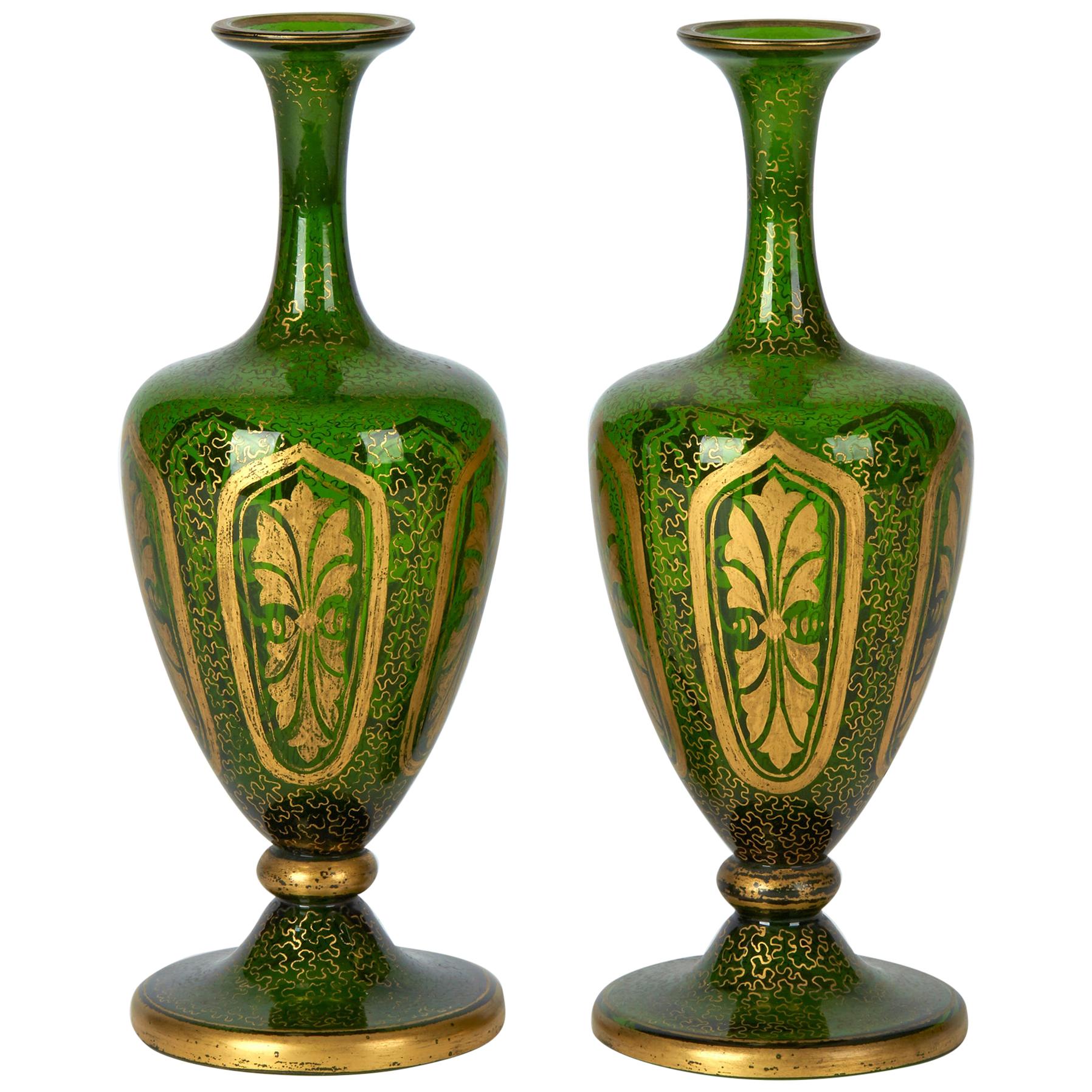 Pair of Antique Bohemian Gilded Green Glass Vases, 19th Century