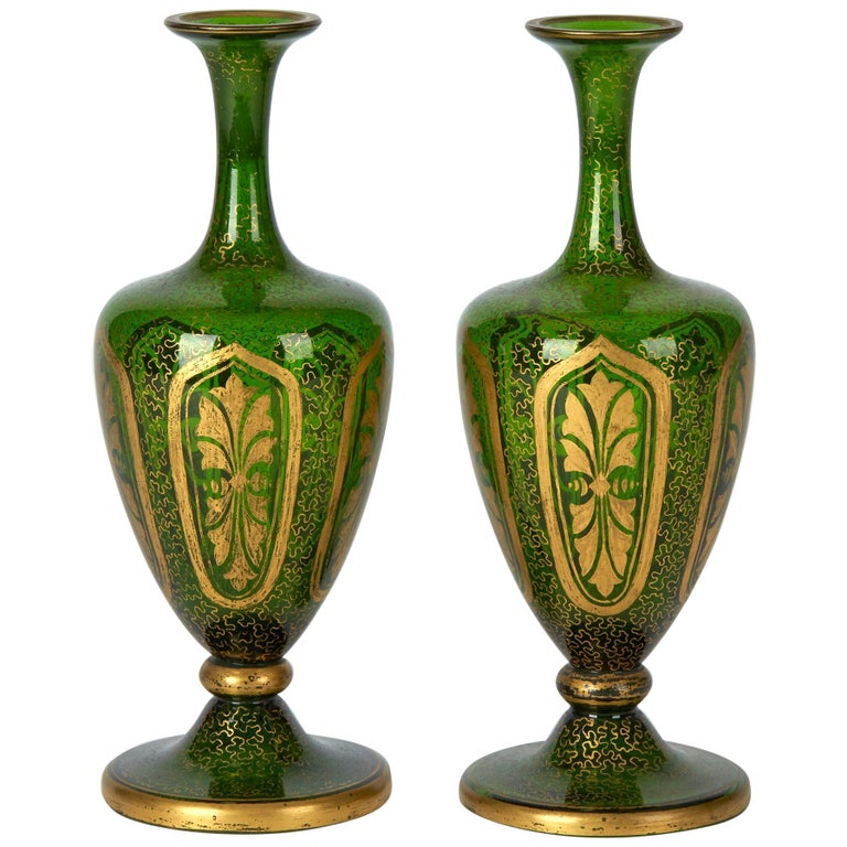 Pair of Antique Bohemian Gilded Green Glass Vases, 19th Century at 1stDibs