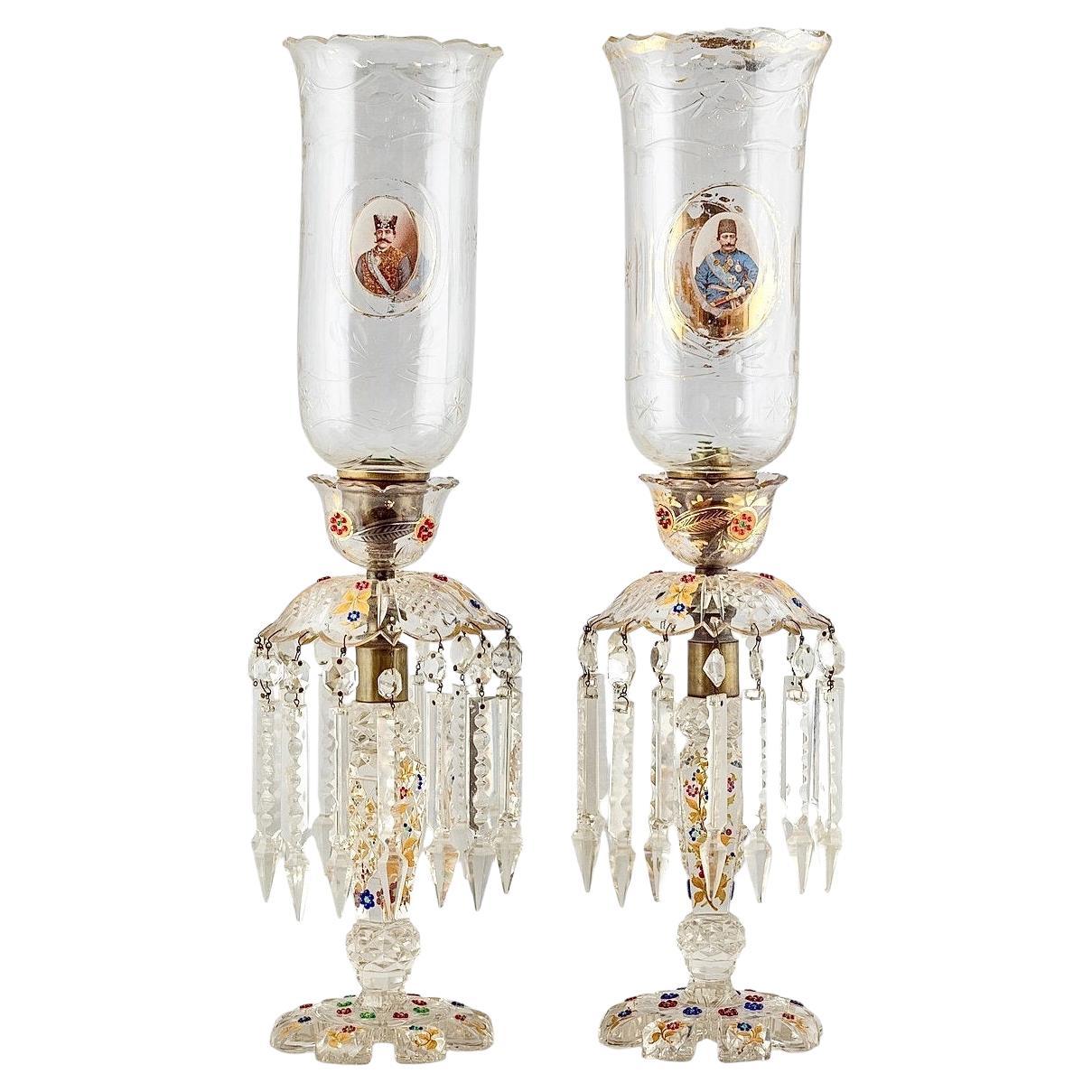 Pair Antique Bohemian Gilt Glass Lusters Made for Persian Market For Sale