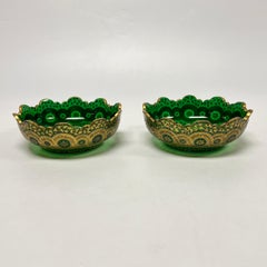 Pair Antique Bohemian Gilt Green Glass Centerpiece Bowls
