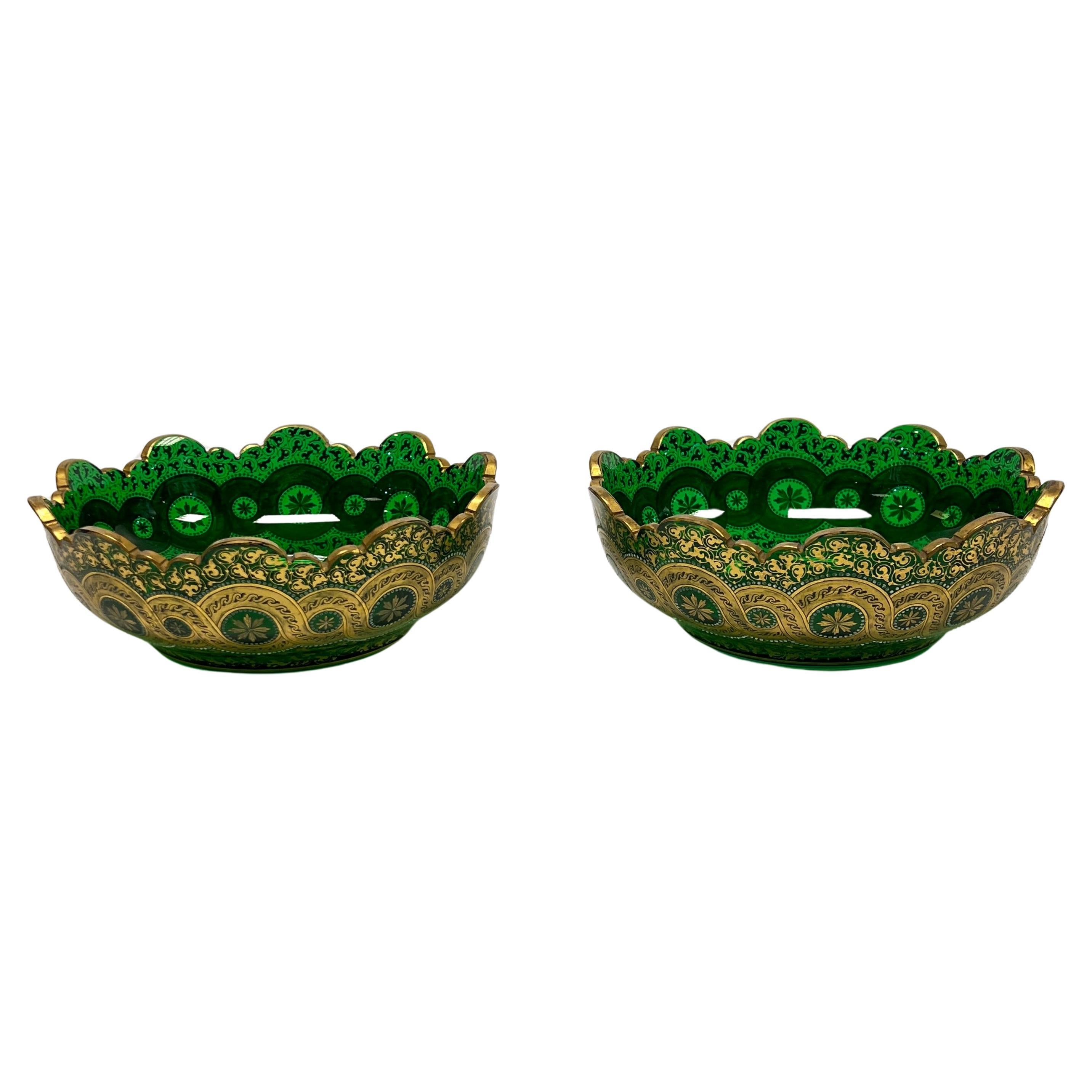 Pair Antique Bohemian Gilt Green Glass Centerpiece Bowls