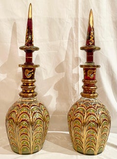 Pair Antique Bohemian Glass Red with Hand-Painted Gold Covered Pokals Circa 1890