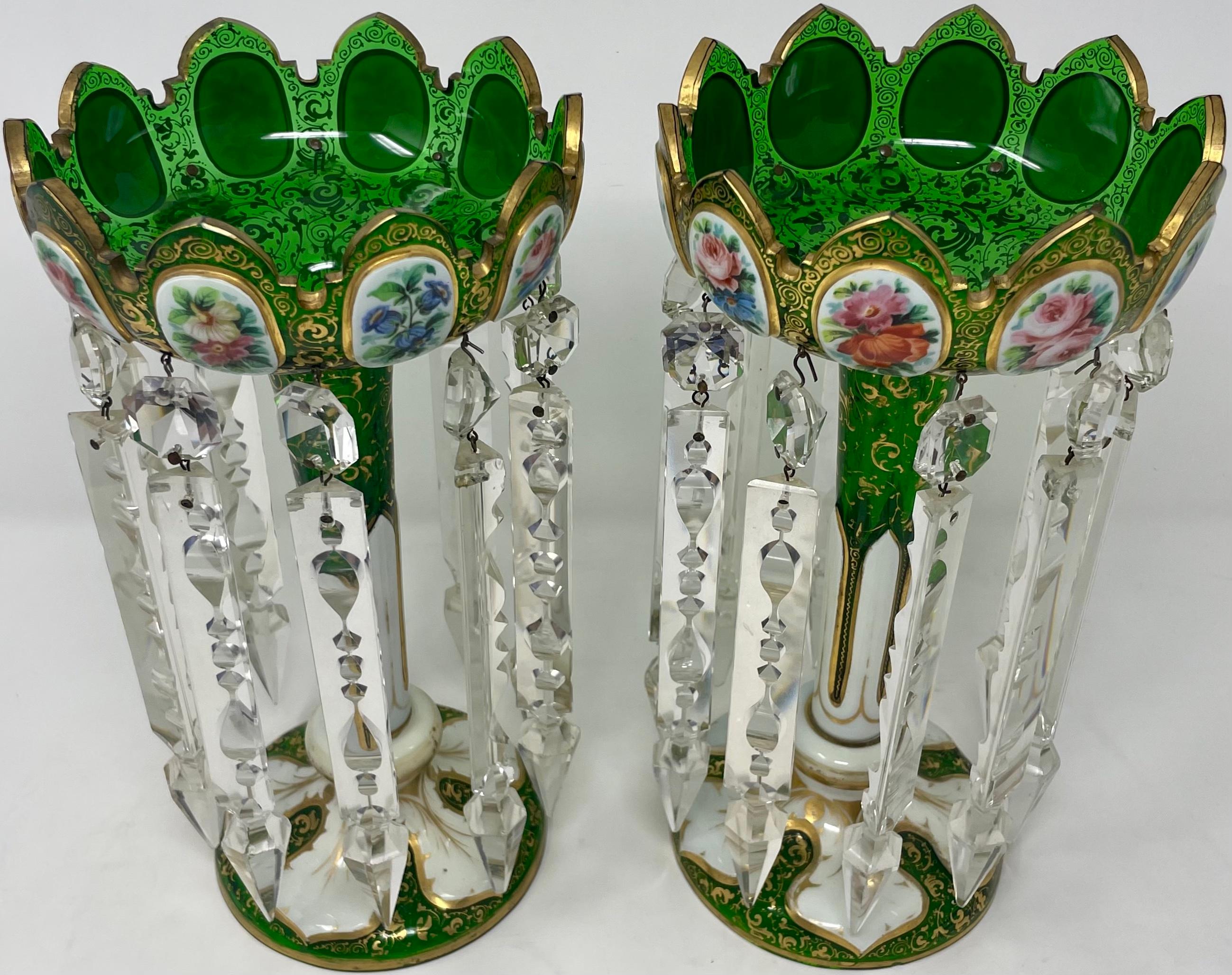 Exceptional pair Antique Bohemian green crystal with hand-painted gold and enamel porcelain candle lusters, circa 1865-1885.