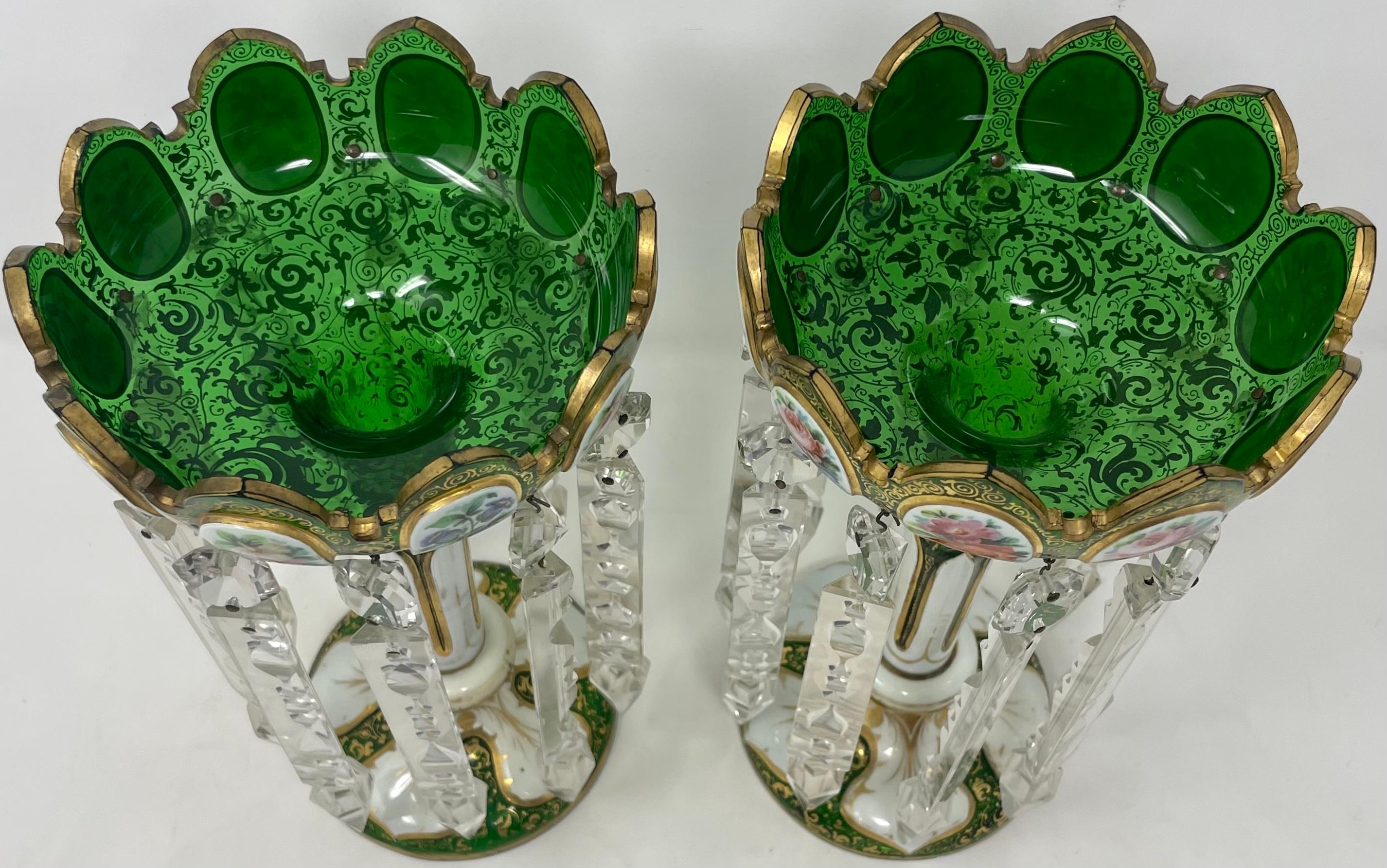 Czech Pair Antique Bohemian Green Crystal with Gold & Enamel Candle Lusters Circa 1875 For Sale
