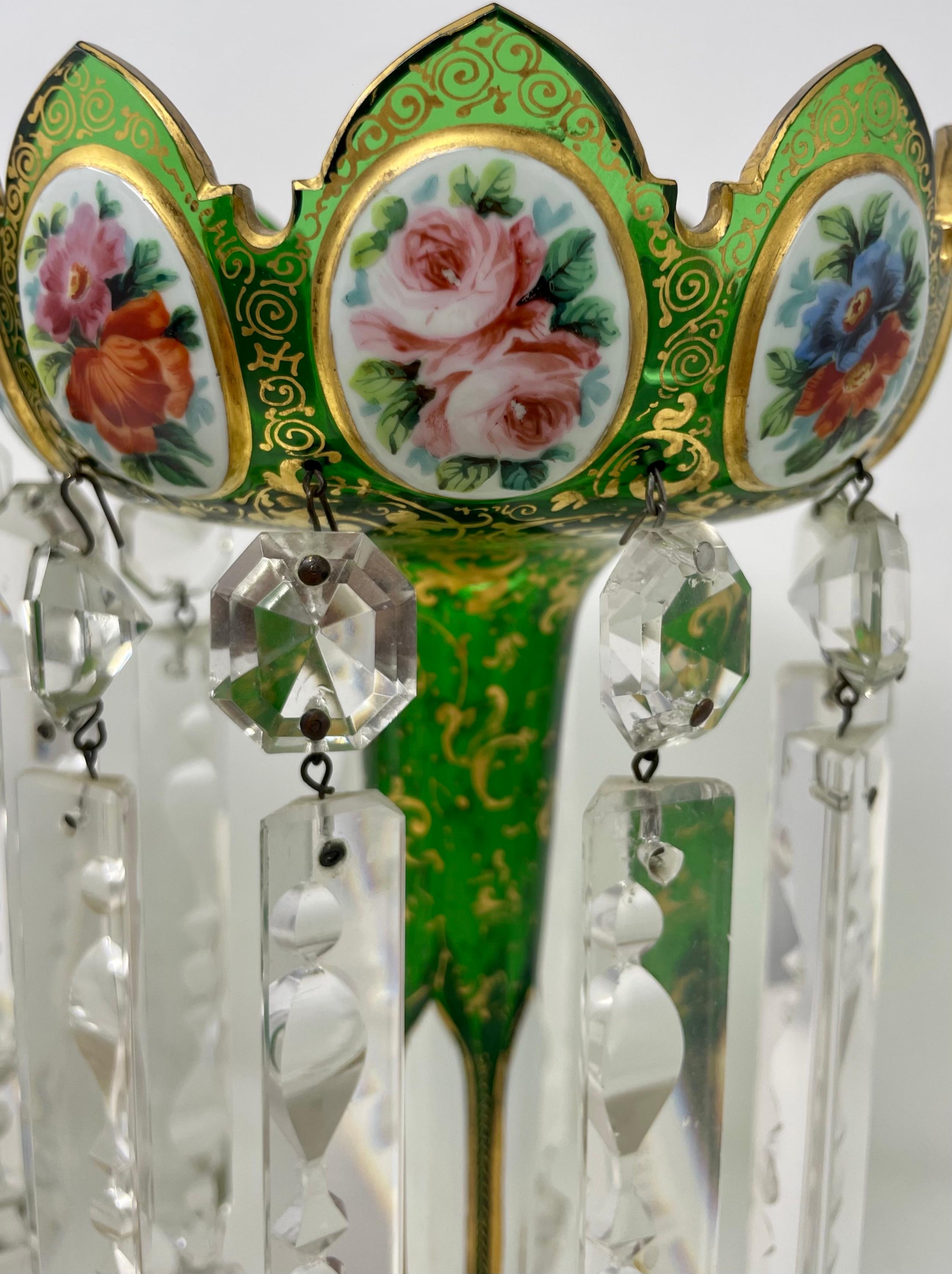 Pair Antique Bohemian Green Crystal with Gold & Enamel Candle Lusters Circa 1875 In Good Condition For Sale In New Orleans, LA