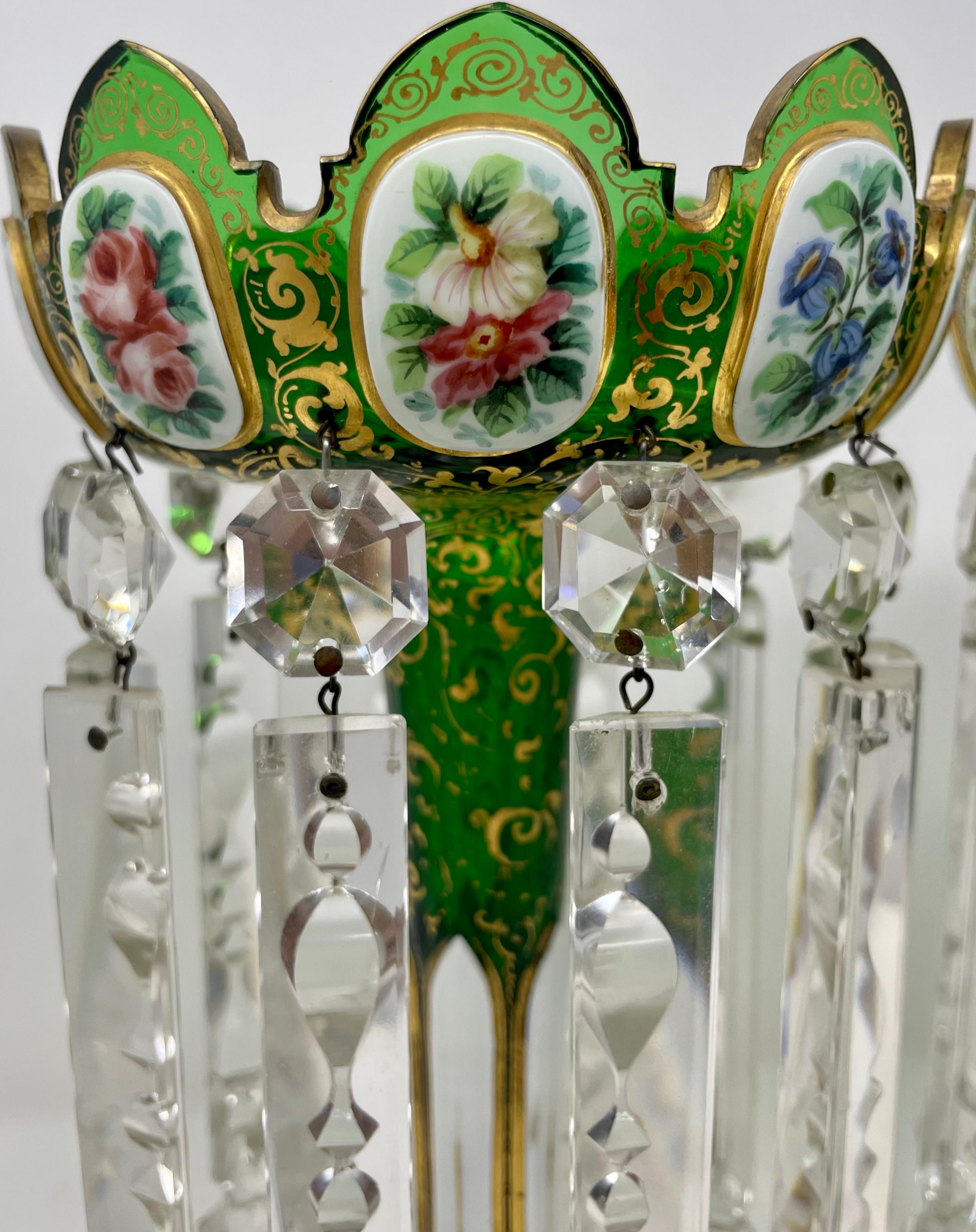 19th Century Pair Antique Bohemian Green Crystal with Gold & Enamel Candle Lusters Circa 1875 For Sale