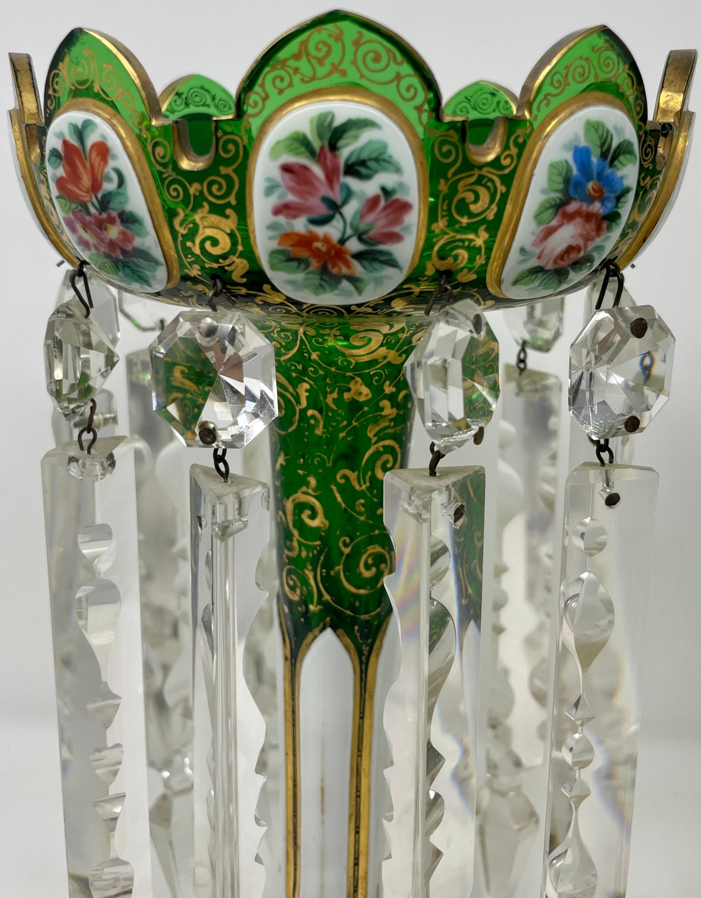 Pair Antique Bohemian Green Crystal with Gold & Enamel Candle Lusters Circa 1875 For Sale 1